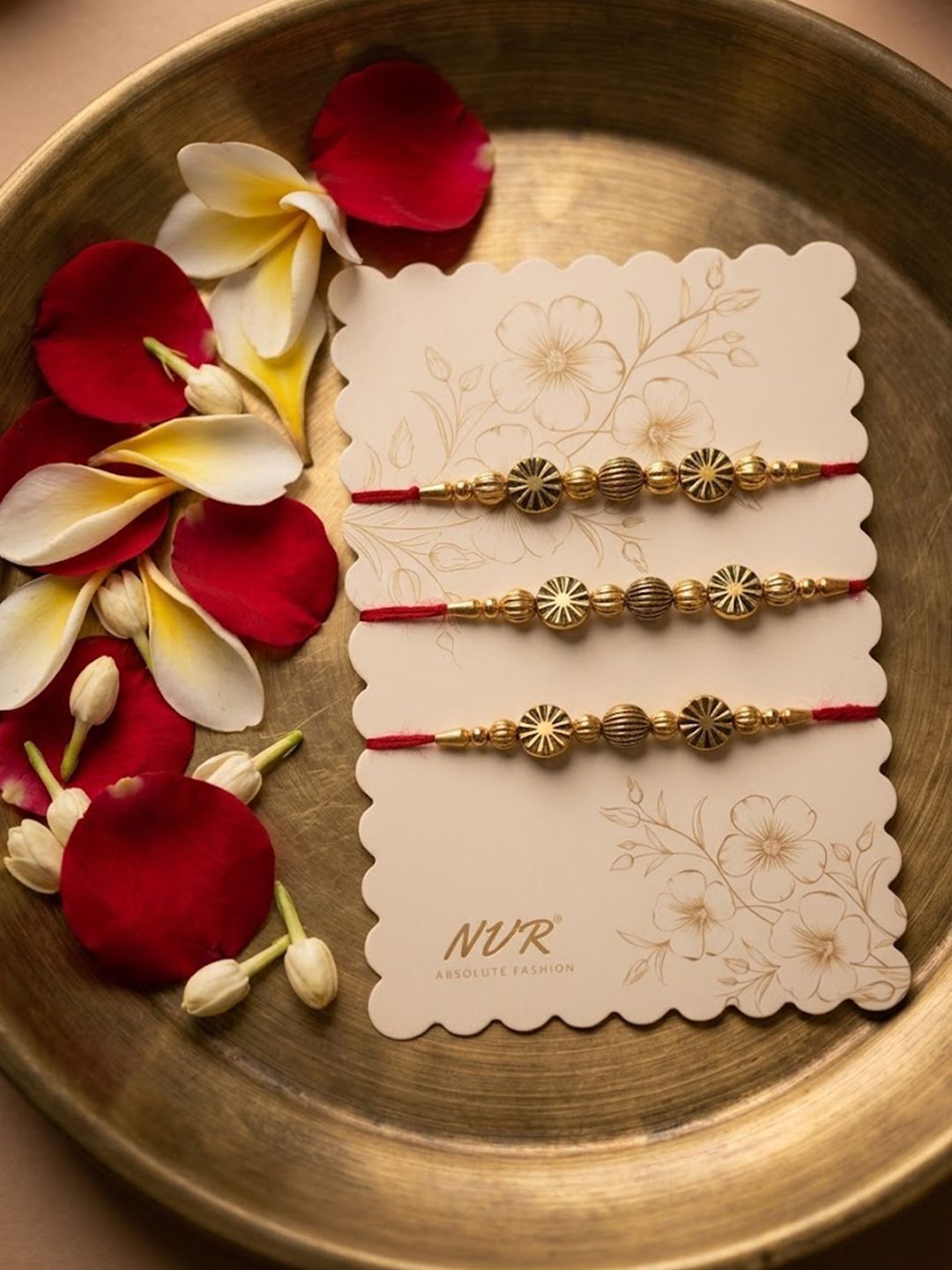Indyancart Set Of 3 Red & Gold Toned Artificial Stones & Beads Thread Rakhi With Roli Chawal