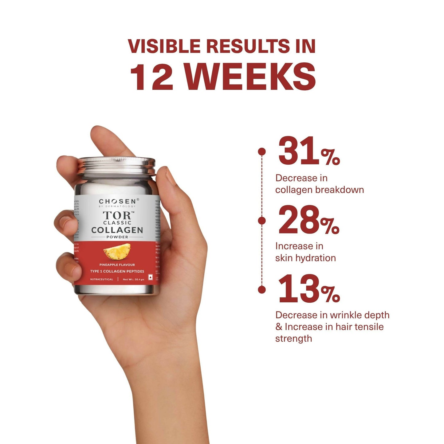 Chosen Tor Classic Marine Collagen Powder for skin, hair, and joint health, featuring a scoop of the supplement in a jar.