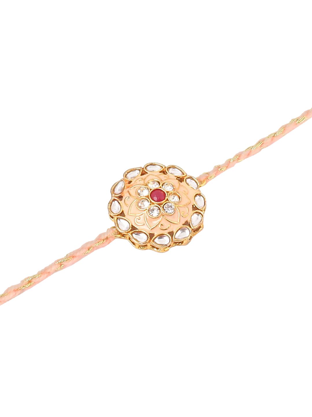 Indyancart Men Set Of 2 Peach & Green Kundan Studded Round Floral Design Rakhi With Roli Chawal