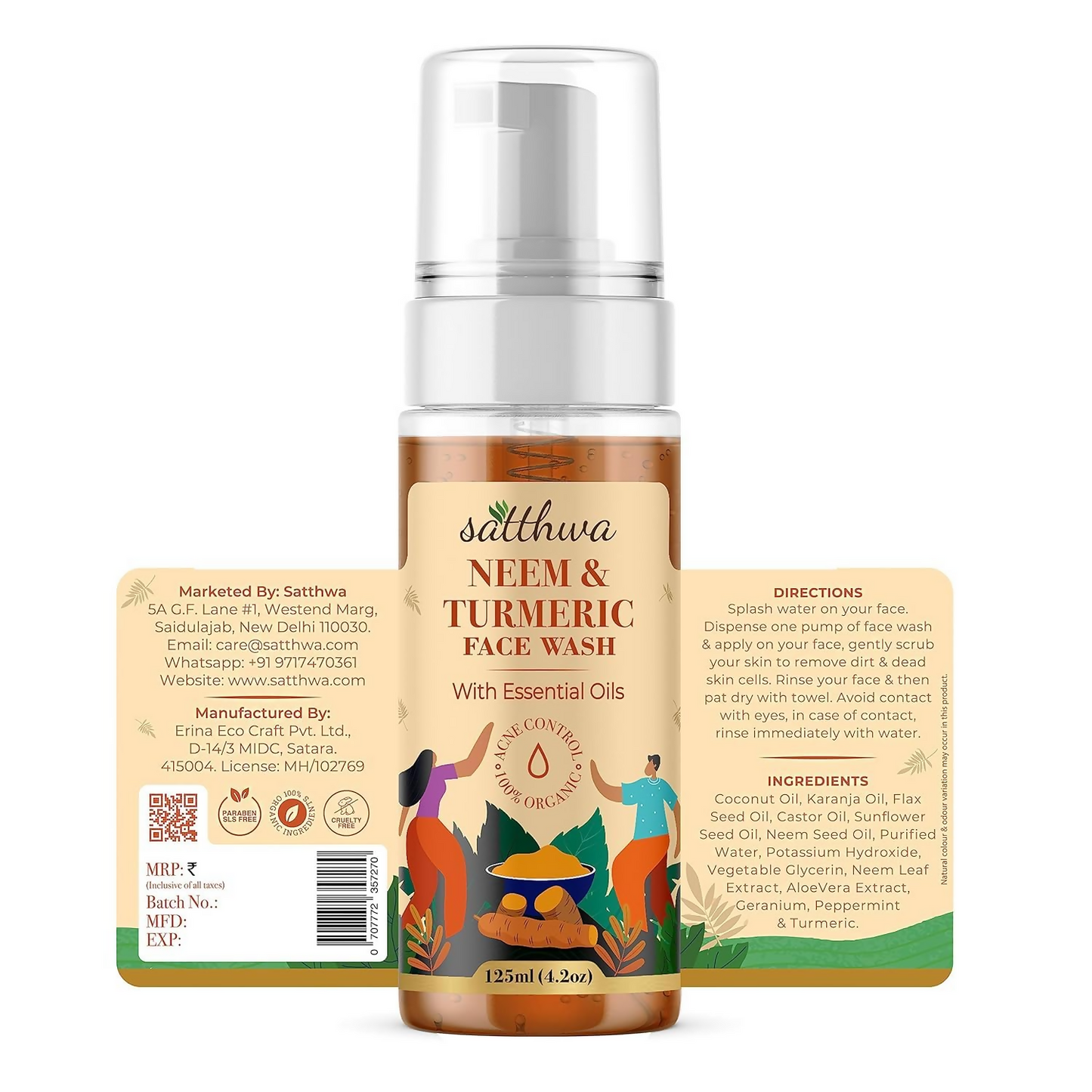 Satthwa Neem and Turmeric Face Wash serum for acne and pimples, featuring natural ingredients and a clear bottle with pump dispenser.