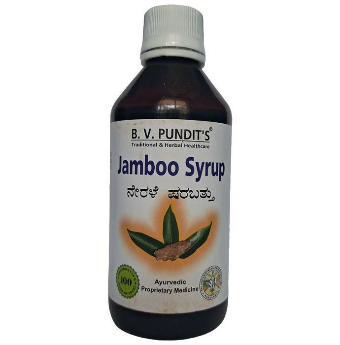 B V Pundit's Jamboo Ayurvedic Syrup bottle with label and cap, designed for natural health and wellness.
