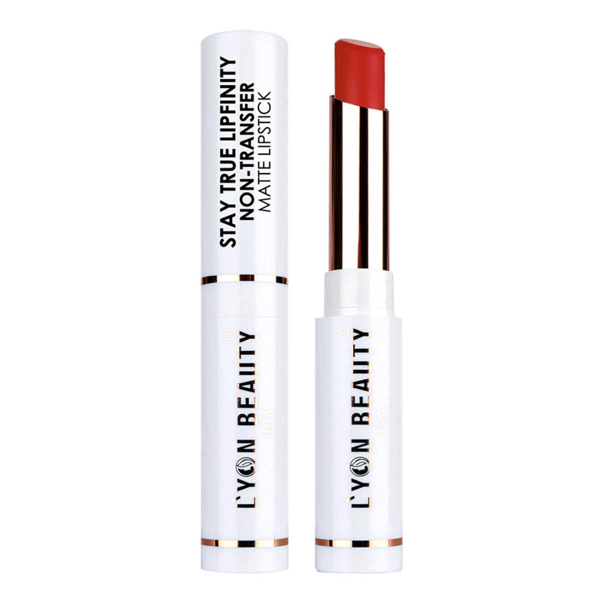 Lyon Beauty Stay True Lipfinity non-transfer matte lipstick in Orange Red 06, showing the vibrant lipstick tube and product packaging.