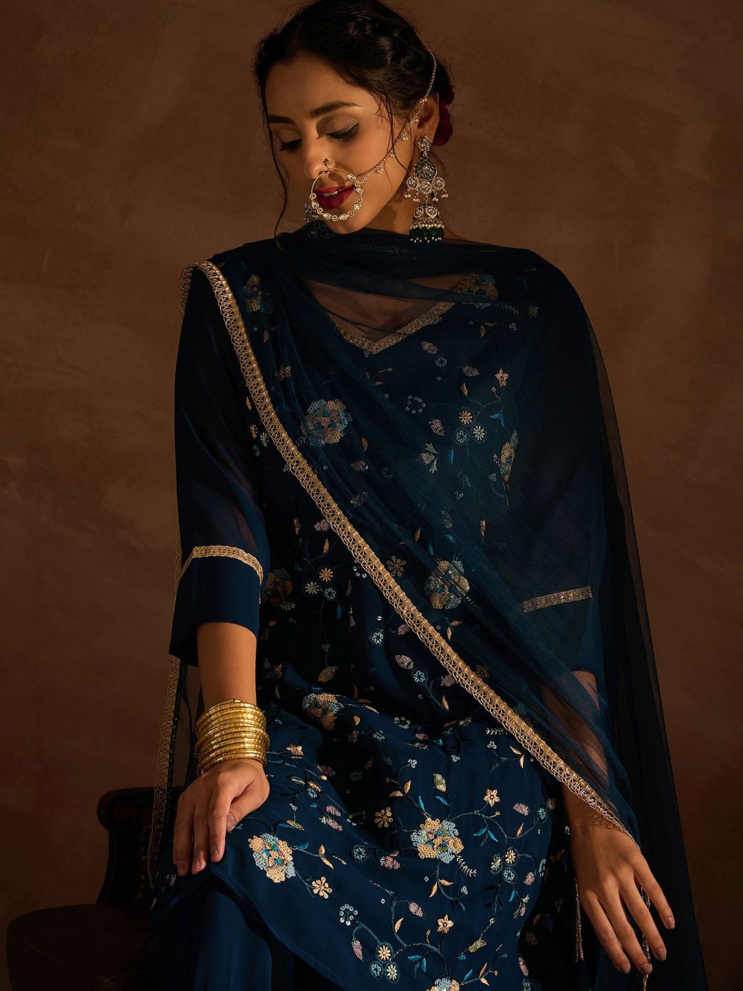 Indyancart IE Floral Embroidered Regular Sequinned Straight Kurta with Sharara & Dupatta