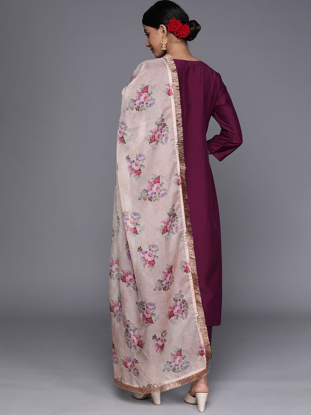 Indyancart VA Women'sEthnic Motifs Zari Embroidered Regular Kurta With Trousers & Dupatta
