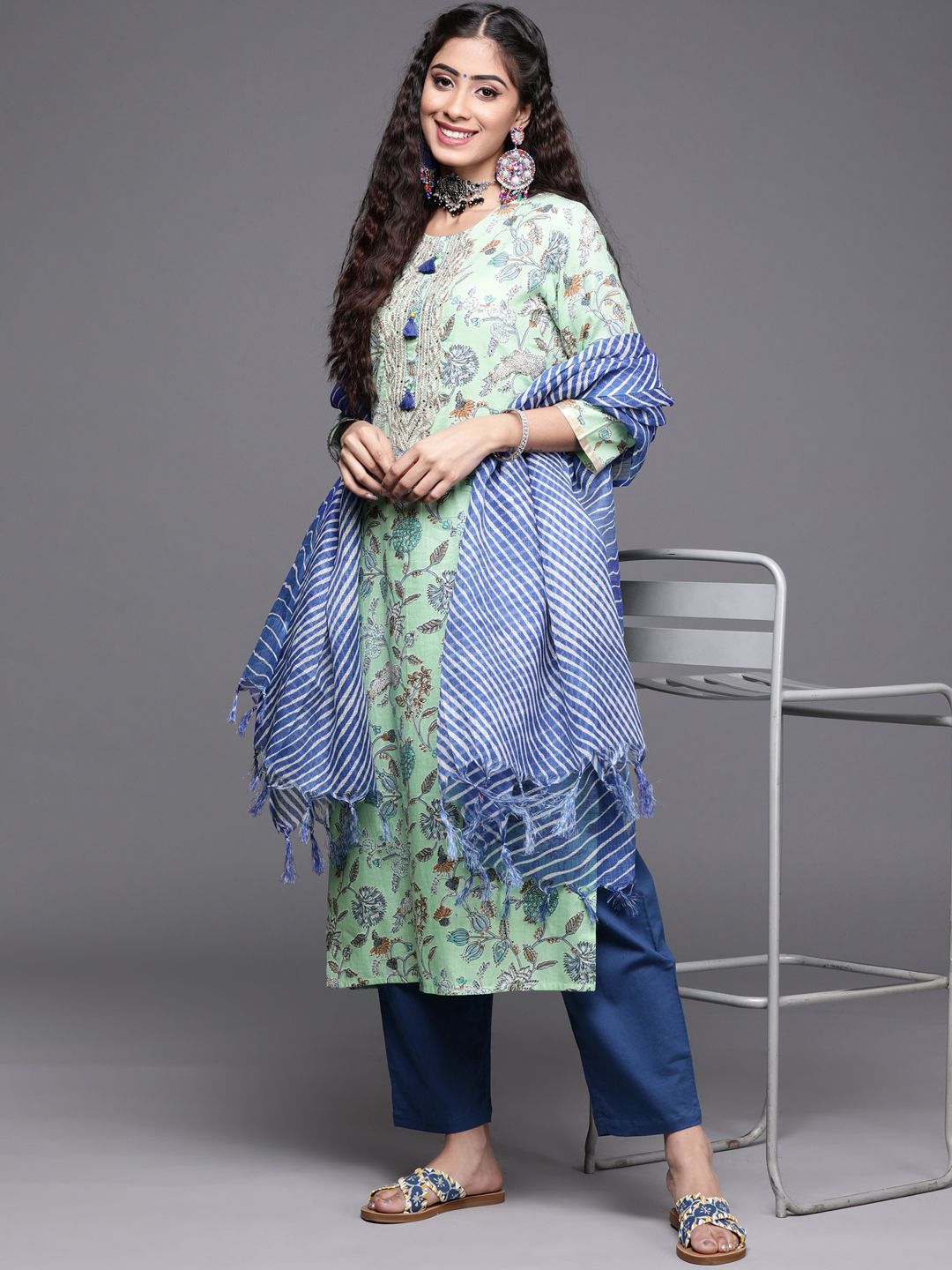 Indyancart VA Women's Blue Pure Cotton Floral Printed Sequinned Kurta with Trousers & With Dupatta