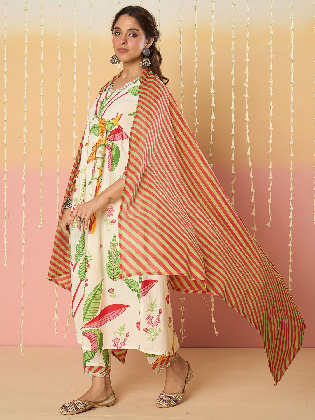 Floral Printed Empire Screen Technique Pure Cotton A-Line With Trousers & Dupatta