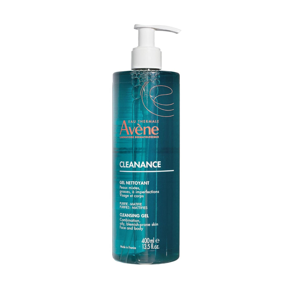 Avene Cleanance Cleansing Gel in a pump bottle, with a clear gel texture and labeled with the Avene brand.
