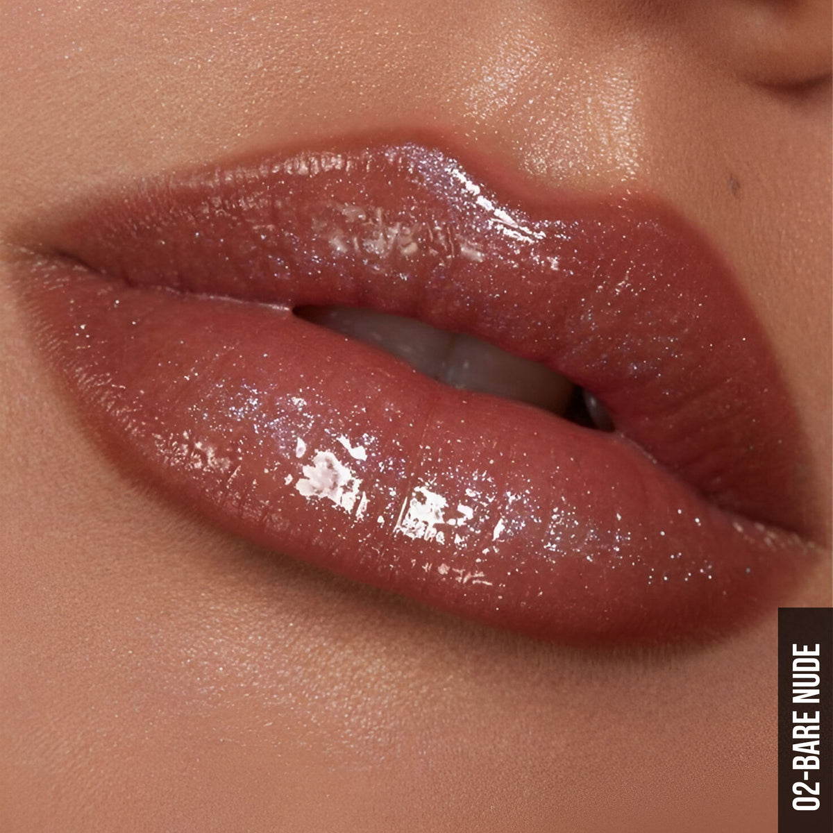 GLAM21 Pout Shimmer Lip Gloss in Bare Nude, featuring a shiny, shimmering finish in a sleek tube.