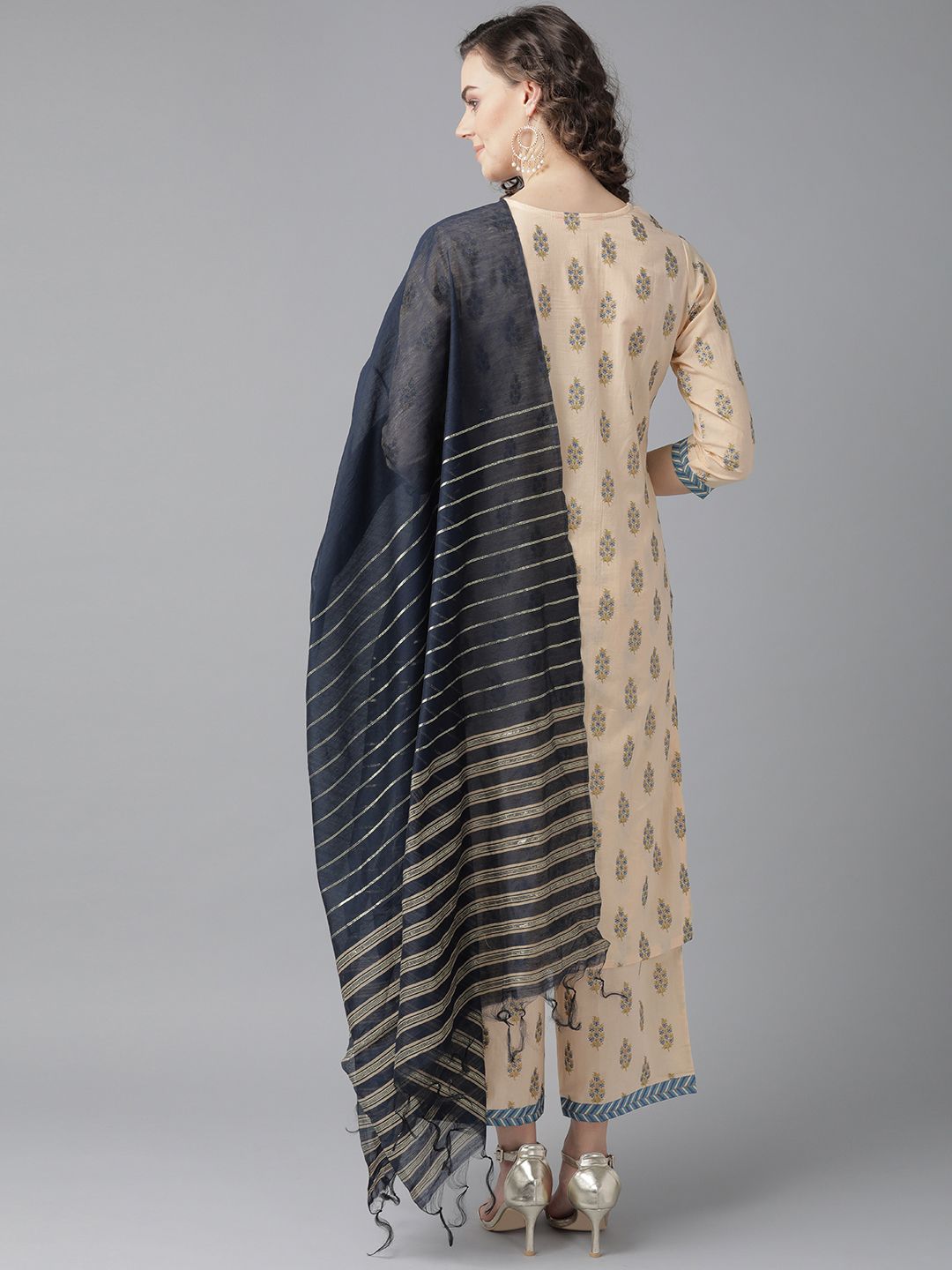 Indyancart IE Women Beige & Navy Blue Foil Printed Kurta with Palazzos & Dupatta