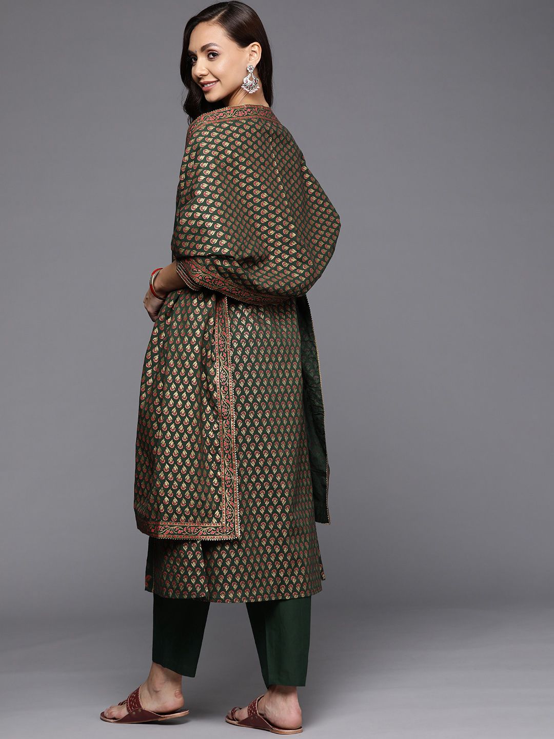 Dhiyona IE Women Green Ethnic Motifs Printed Kurta with Trousers & With Dupatta