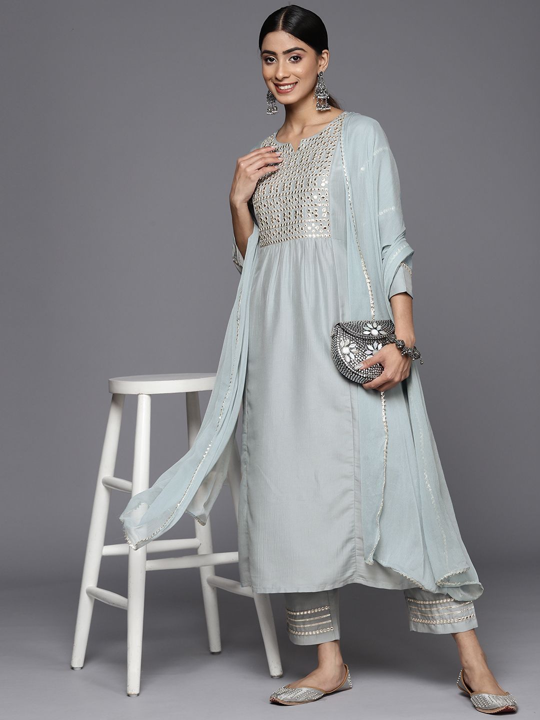 Dhiyona VA Women'sEmbroidered Mirror Work Notch Neck Panelled Kurta & Trousers With Dupatta