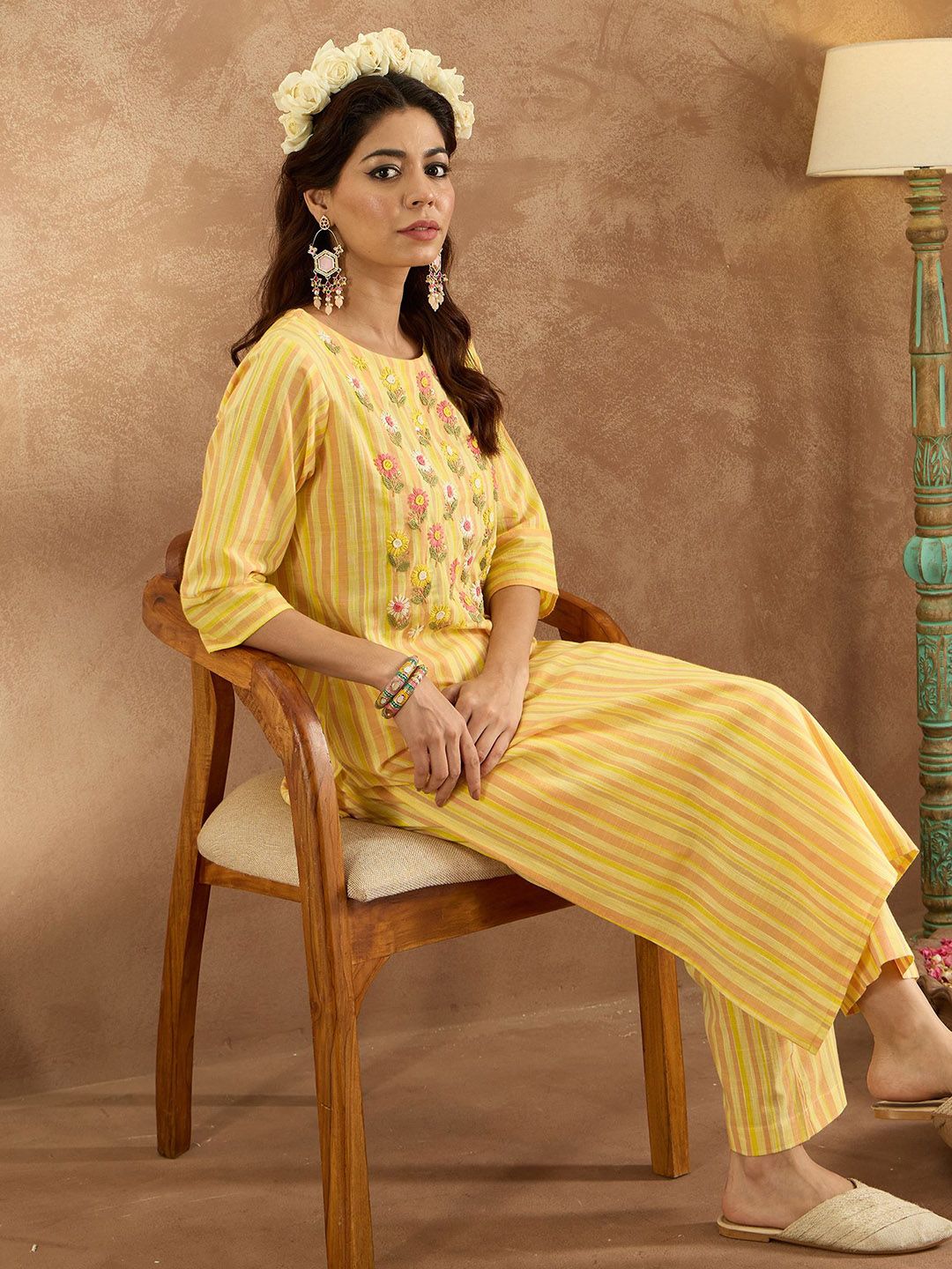 Dhiyona IE Striped V-Neck Pure Cotton Tunic With Trouser