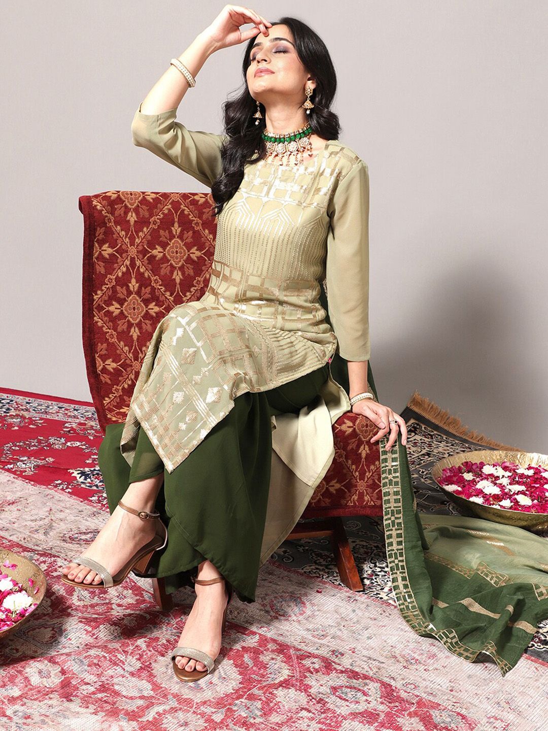 Indyancart VA Women's Geometric Embroidered Regular Sequinned Kurta With Trousers & Dupatta