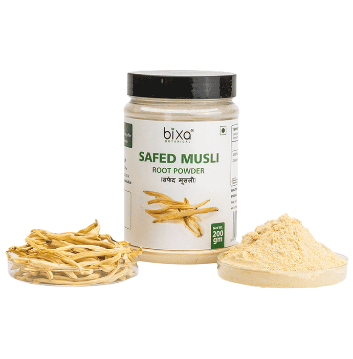 Bixa Botanical Safed Musli Powder in a clear container, fine Ayurvedic powder with white color for health and wellness.