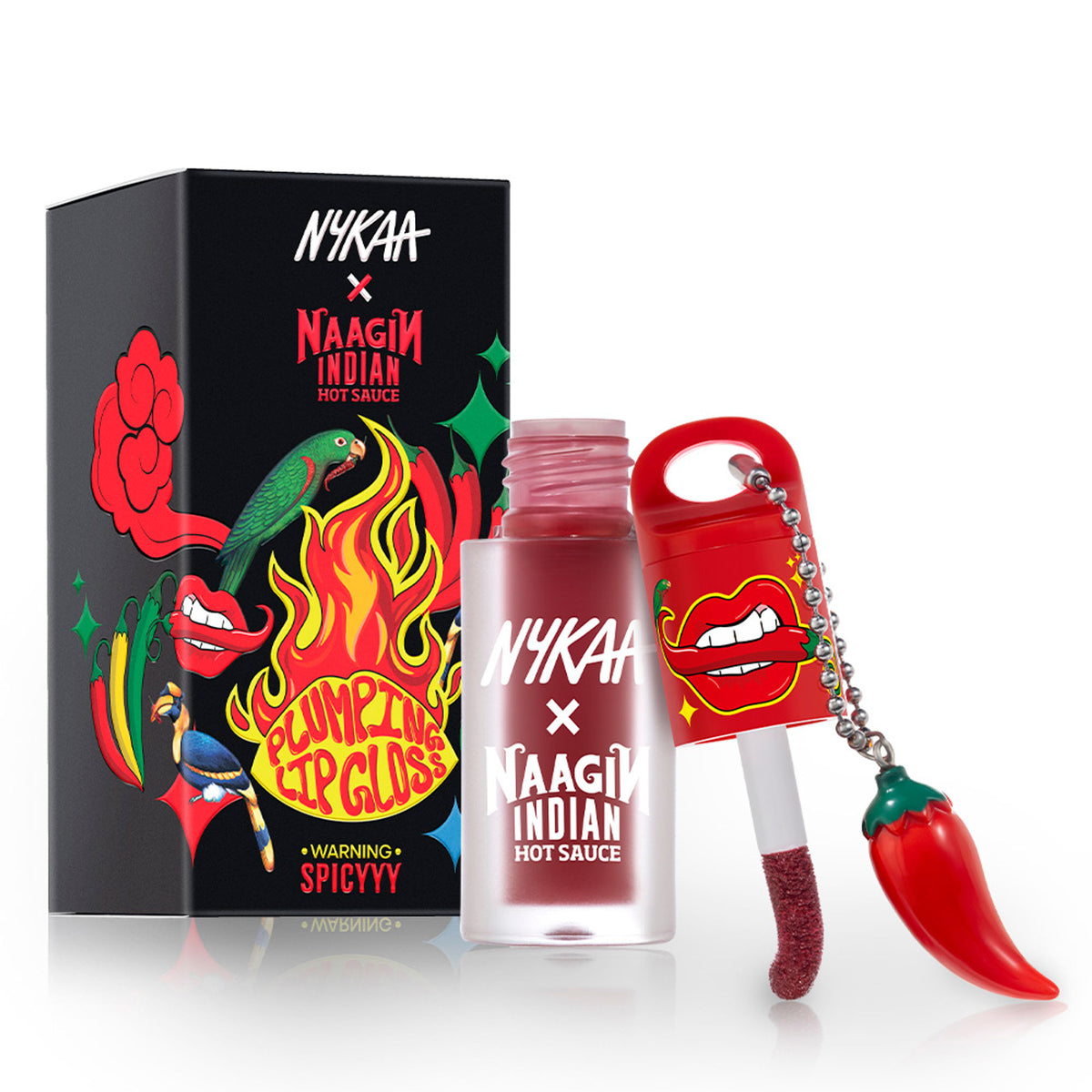 Nykaa Cosmetics Naagin Hot Sauce plumping lip gloss in a vibrant, glossy finish, featuring a sleek tube with branding and color details.