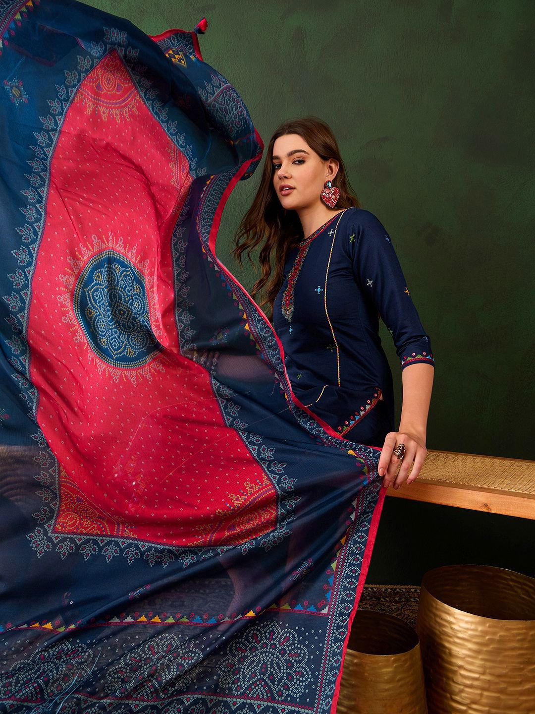 Indyancart SN Women's Geometric Embroidered Sequinned Straight Kurta & Trouser With Dupatta