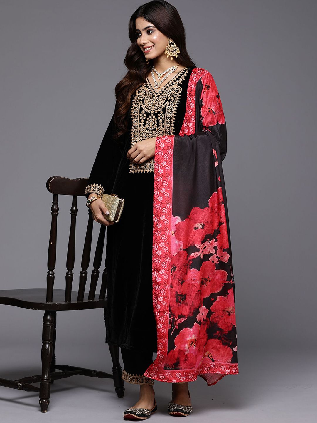 Floral Yoke Design Sequinned Velvet Straight Kurta With Trousers & Dupatta