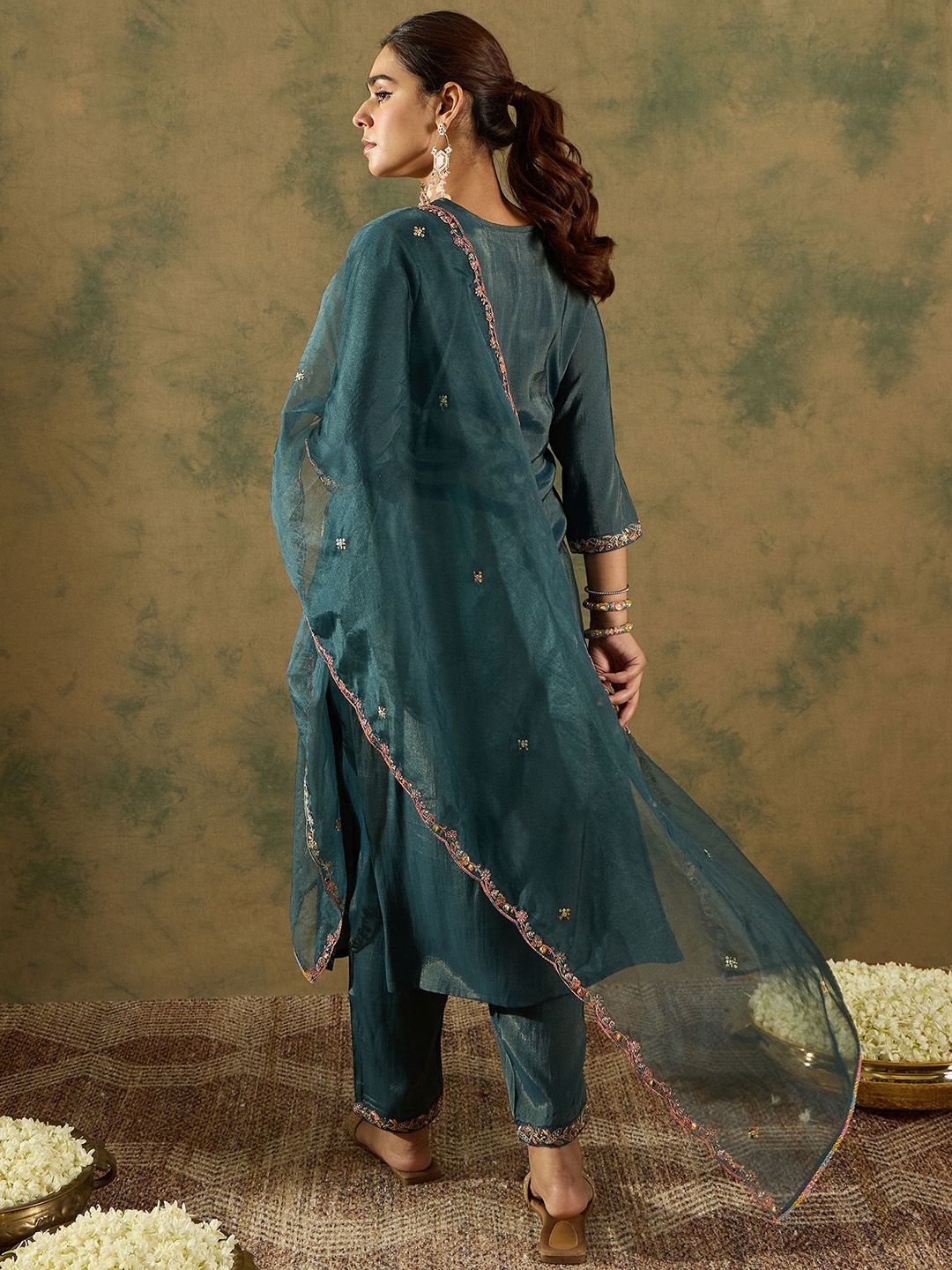 Indyancart IE Ethnic Motifs Embroidered Liva Straight Kurta With Trousers & Dupatta