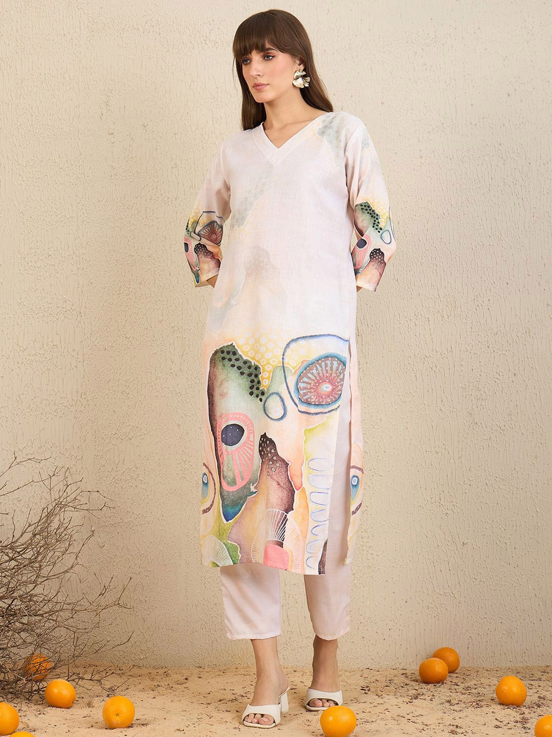 Indyancart IE Floral Printed Chanderi Silk Straight Kurta With Trousers & Dupatta