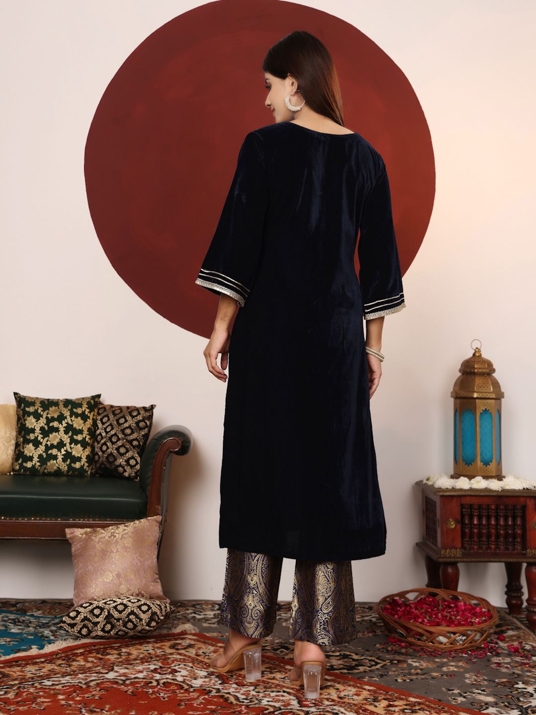 Indyancart VA Women'sGota & Zari Embroidered Velvet Winter Kurta with Trouser