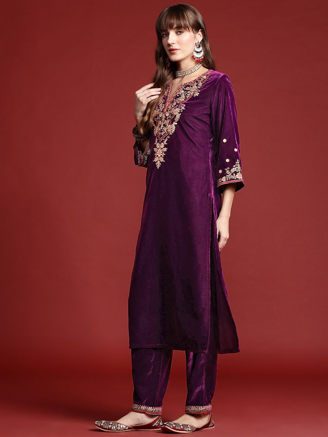 Indyancart IE Ethnic Motifs Embroidered Zari Velvet Kurta With Trousers & Dupatta