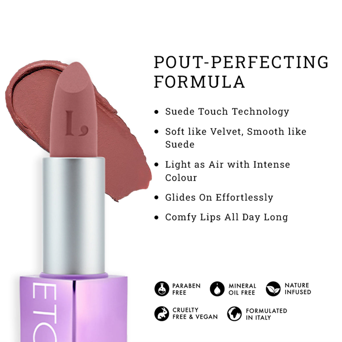 LOVETC High Definition matte lipstick in Dessert Therapy with transfer-proof, non-drying formula, shown in sleek tube.