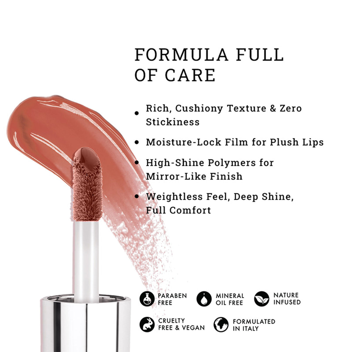 LOVETC High Glaze Tinted Lip Gloss in Peach Of Mind with mirror shine, non-sticky formula and hyaluronic acid for smooth lips.
