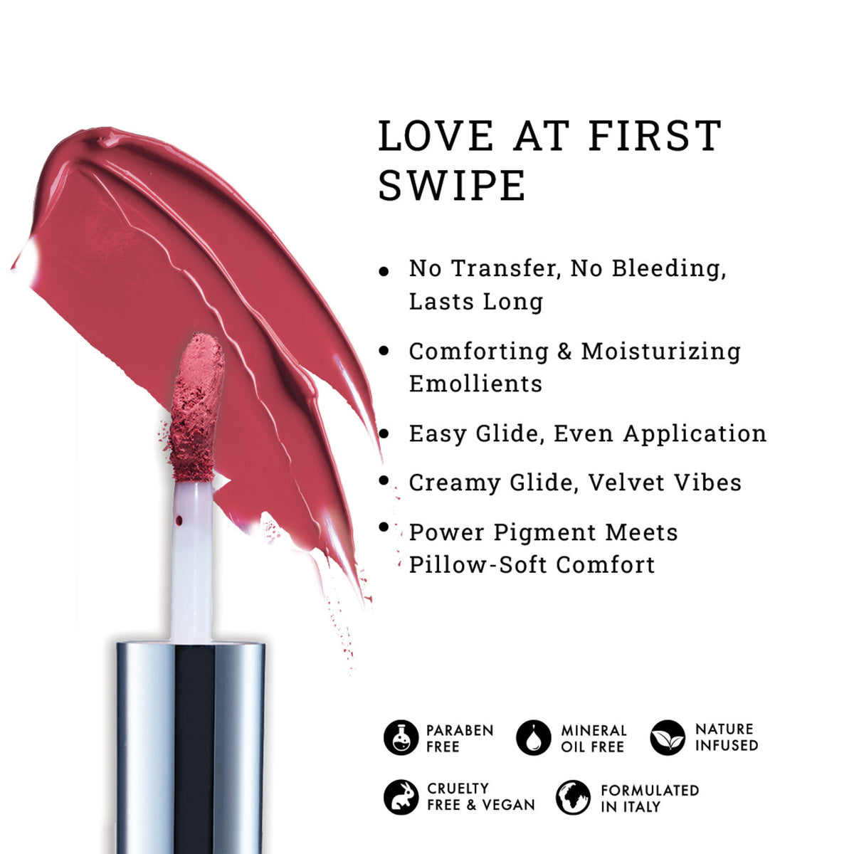 LOVETC Zero Gravity Mini Lip Crème in Bear Hug, longwear transfer-proof lipstick with hyaluronic acid, displayed on a model's lips.