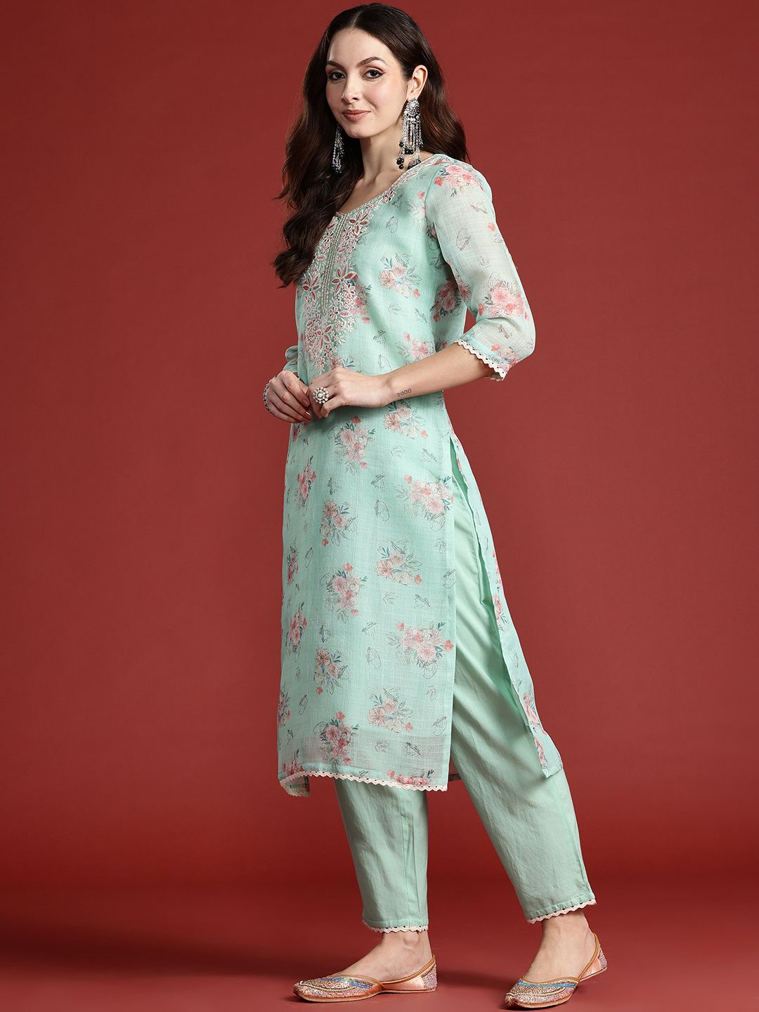 Indyancart IE Floral Printed Thread Work Linen Kurta with Trousers & With Dupatta