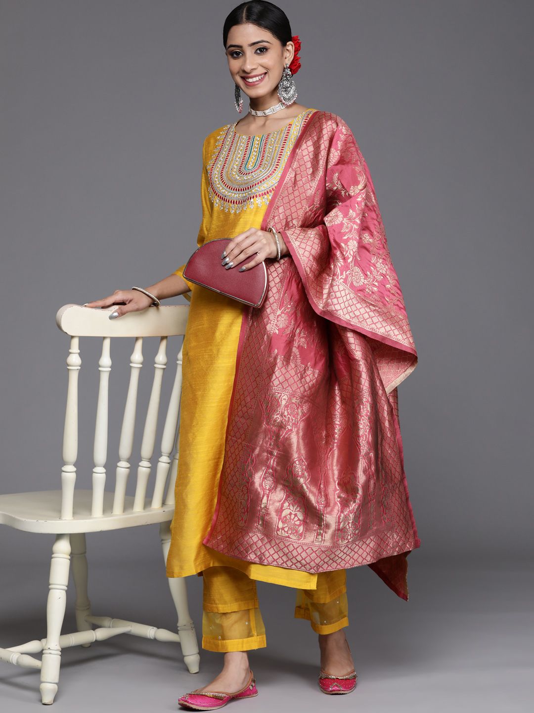 Indyancart VA Women's Mustard Yellow & Pink Yoke Design Kurta with Trousers & Dupatta