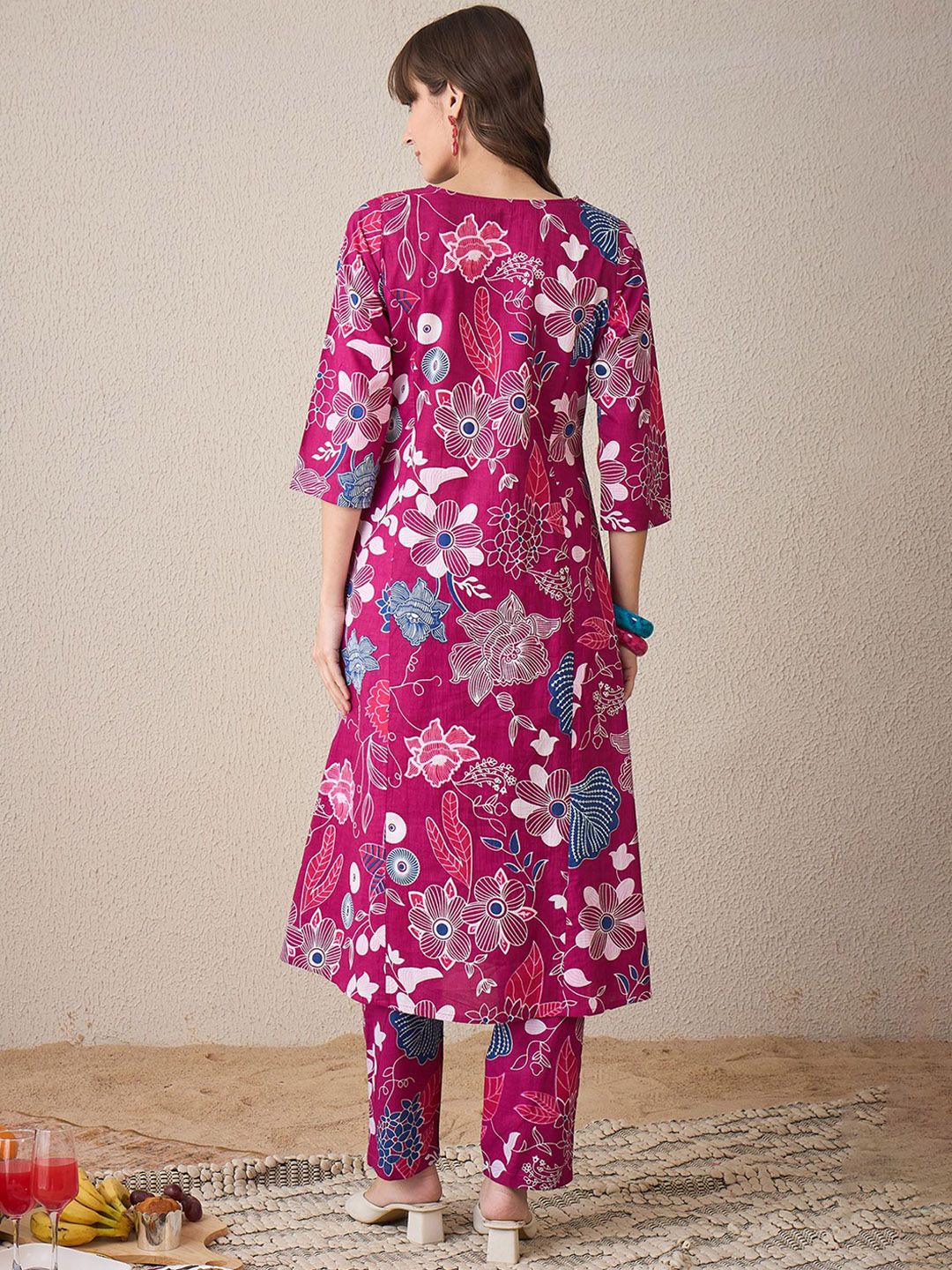 Dhiyona IE Printed V-Neck Pure Cotton A-Line Tunic With Trouser