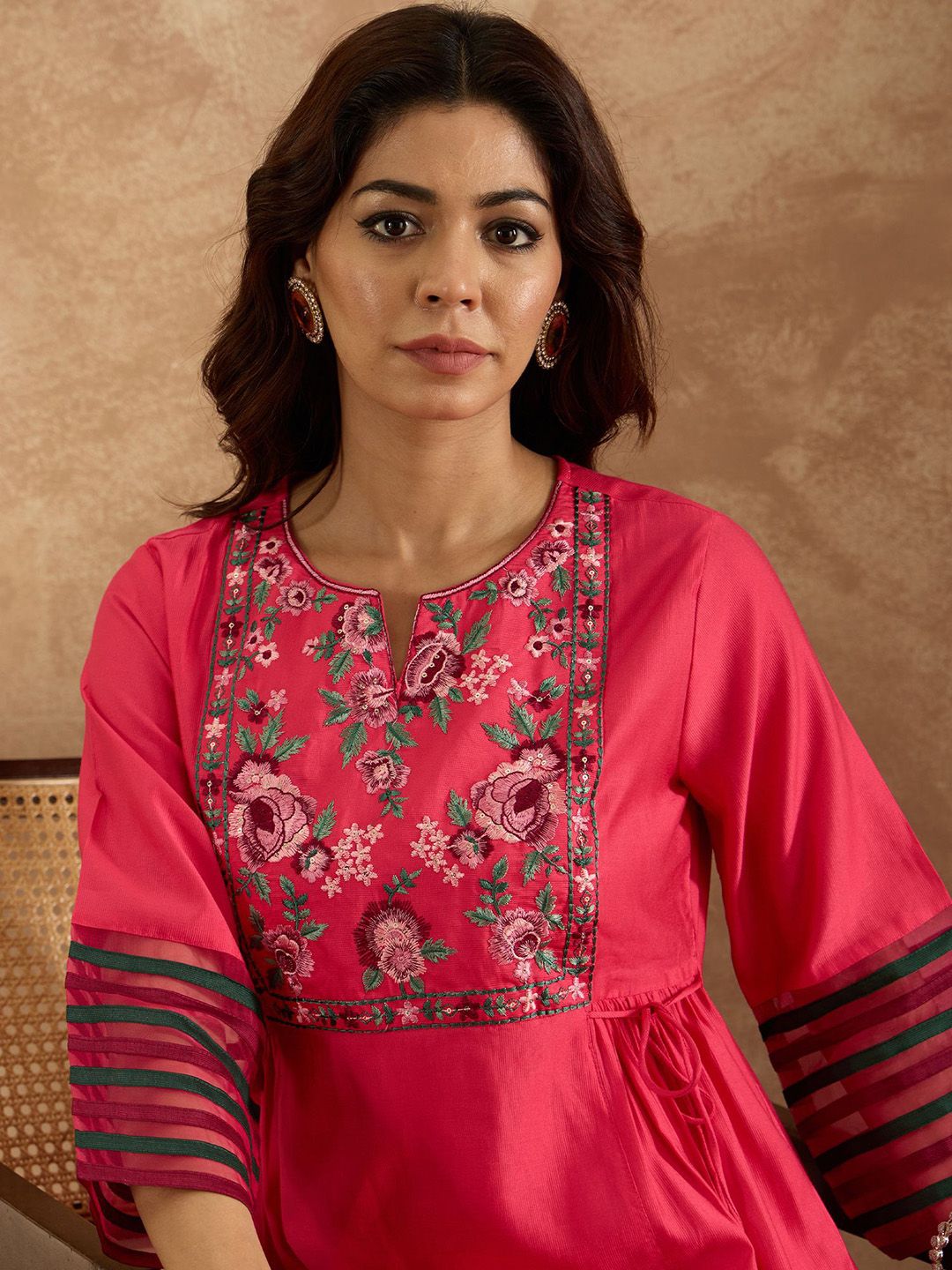 Indyancart IE Embroidered Three-Quarter Sleeves Liva Tunic With Trouser