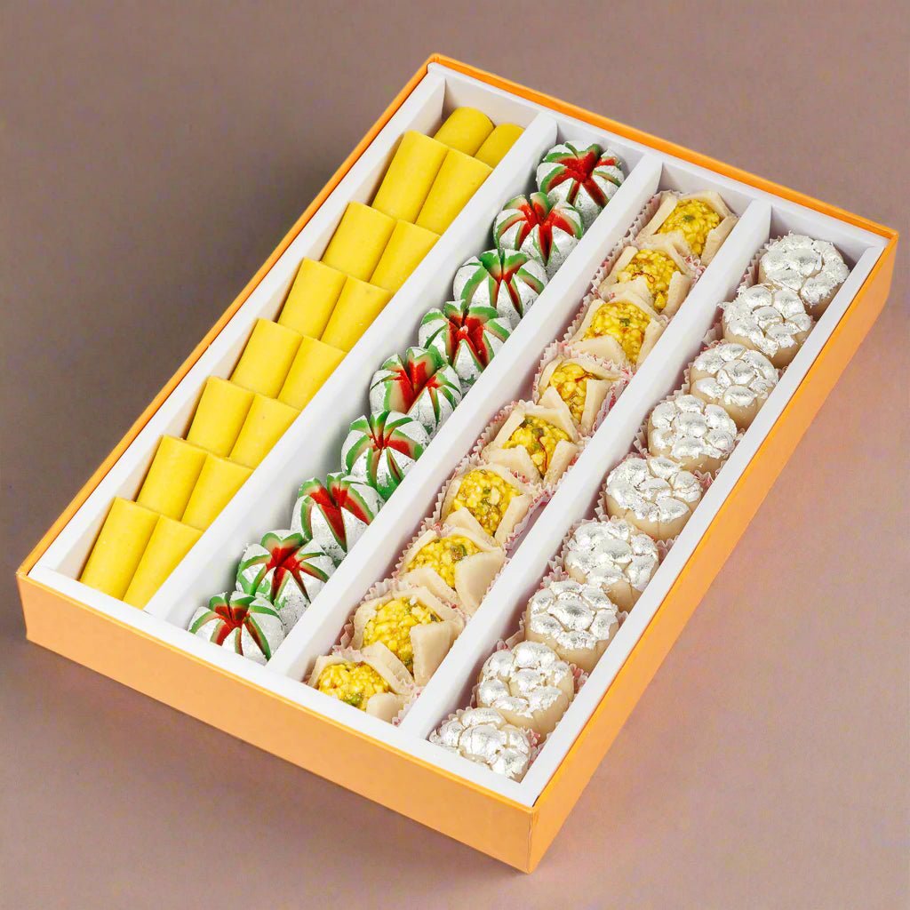 Assorted North Indian Kaju Utsav sweets from Shree Mithai, featuring colorful kaju-based Indian confections on a serving platter.