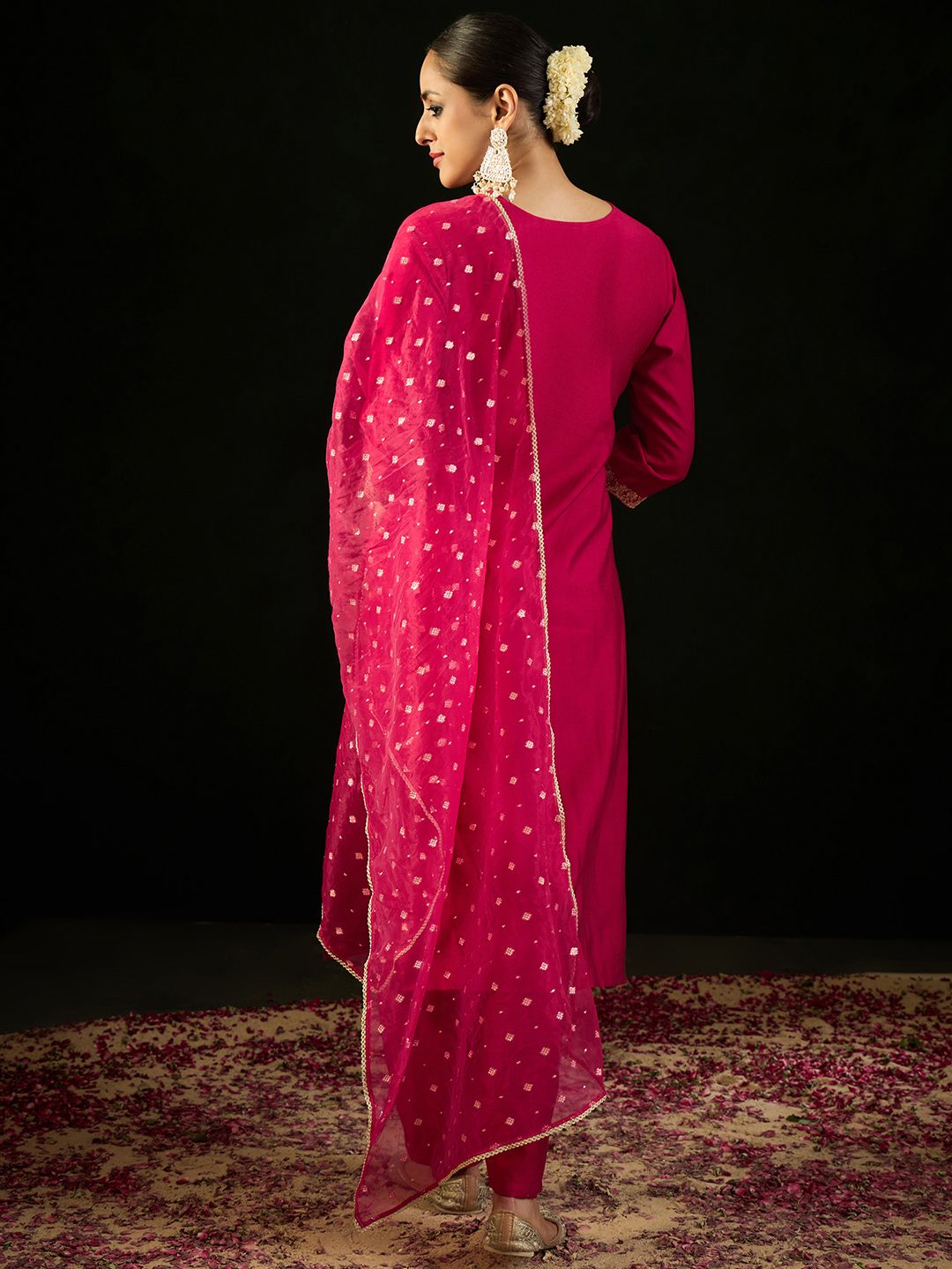 Indyancart IE Notched Neck Ethnic Motifs Embroidered Liva Kurta with Trouser & Dupatta