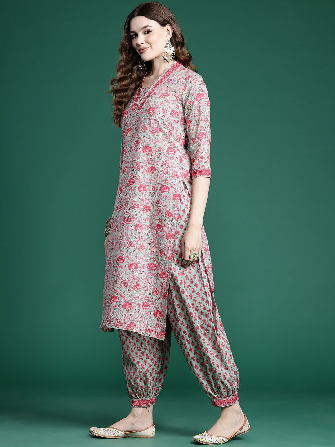 Indyancart IE Floral Printed Pure Cotton Kurta with Salwar & With Dupatta