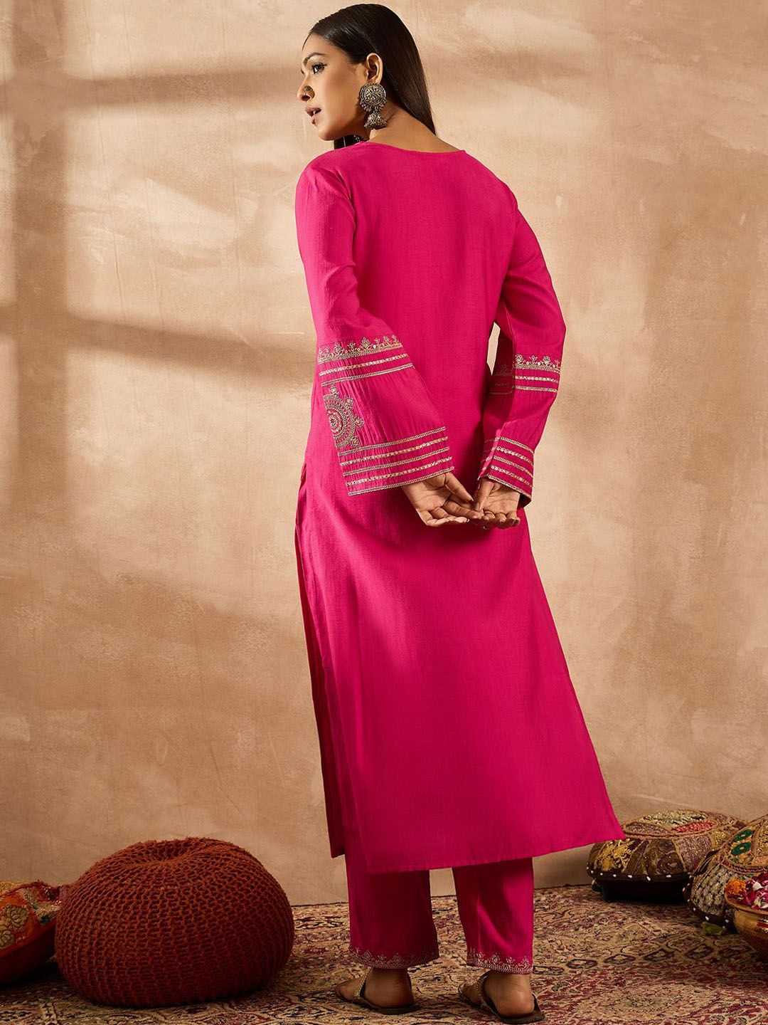 Indyancart IE Women Ethnic Motifs Embroidered Regular Sequinned Kurta with Trousers