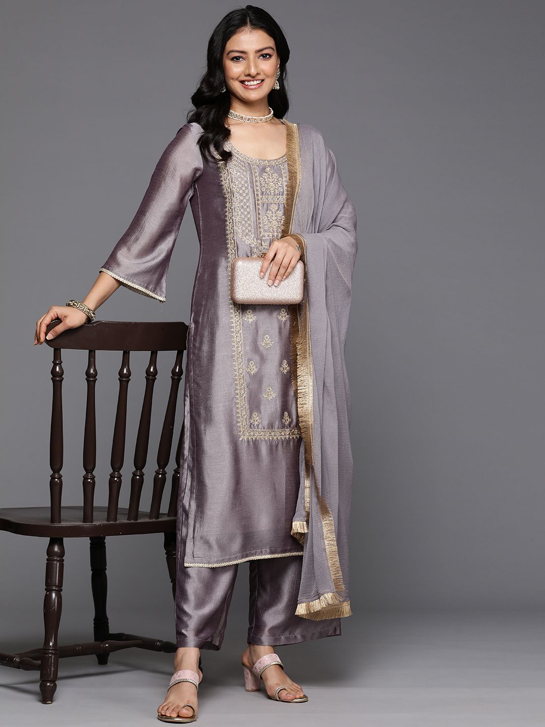 Indyancart VA Ethnic Motifs Embroidered Zari Kurta With Palazzos & Dupatta