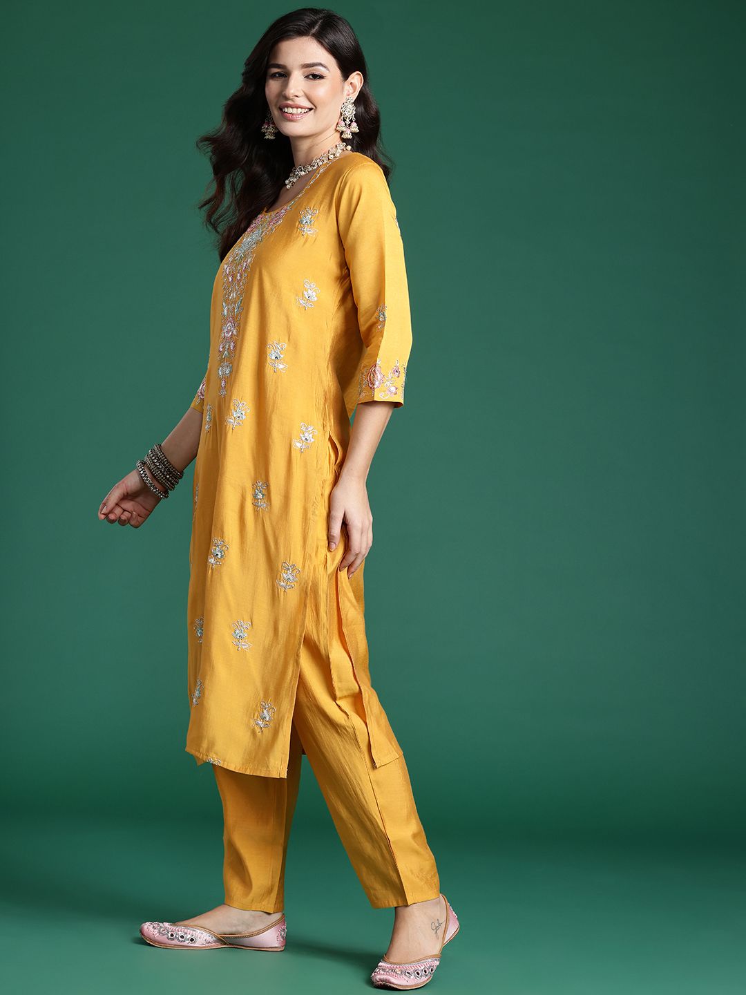 Indyancart IE Floral Embroidered Sequinned Kurta With Trousers & Dupatta