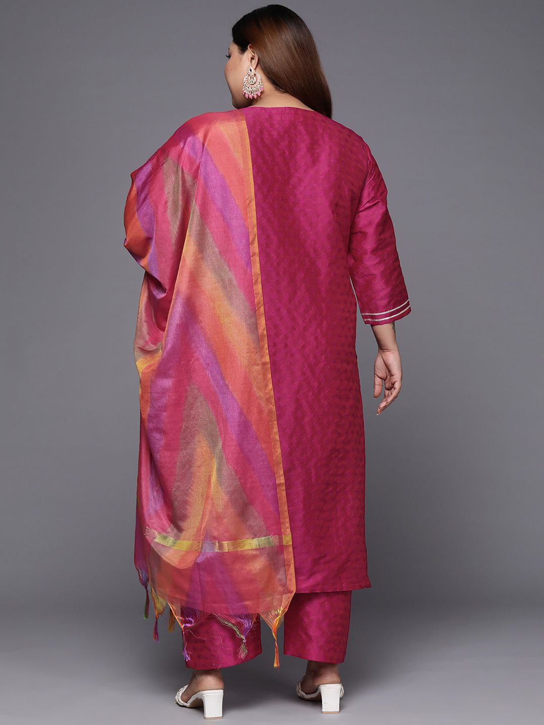 Indyancart VA Women's Magenta Floral Embroidered Kurta with Trousers & Dupatta
