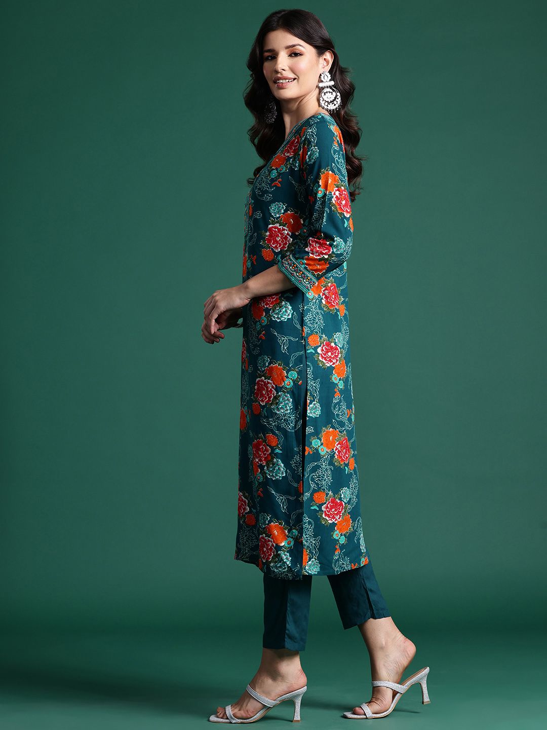 Indyancart IE Floral Printed Mirror Work Kurta with Trousers & With Dupatta