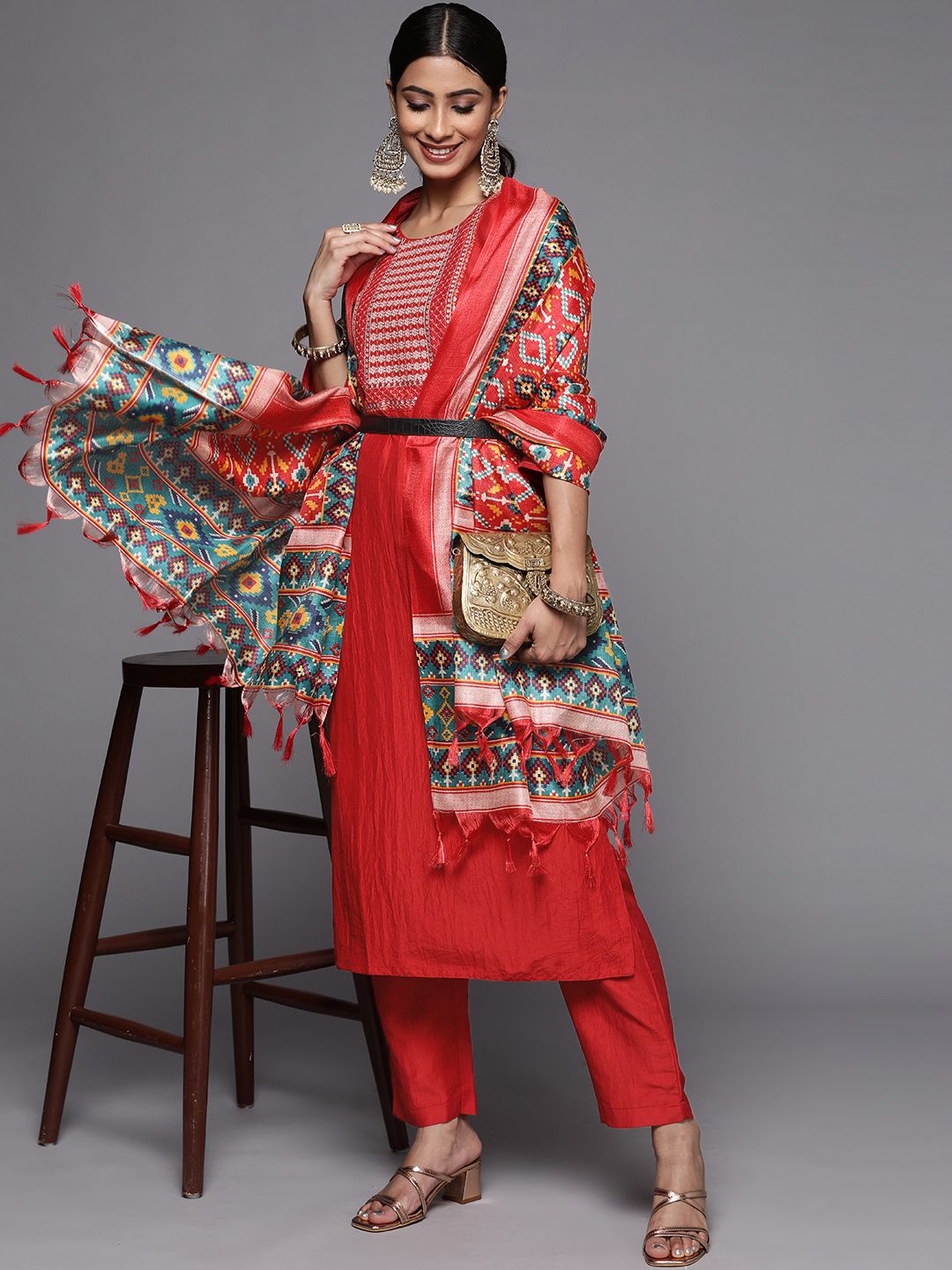 Indyancart VA Women's Rust Embroidered Empire Kurta with Trousers & With Dupatta