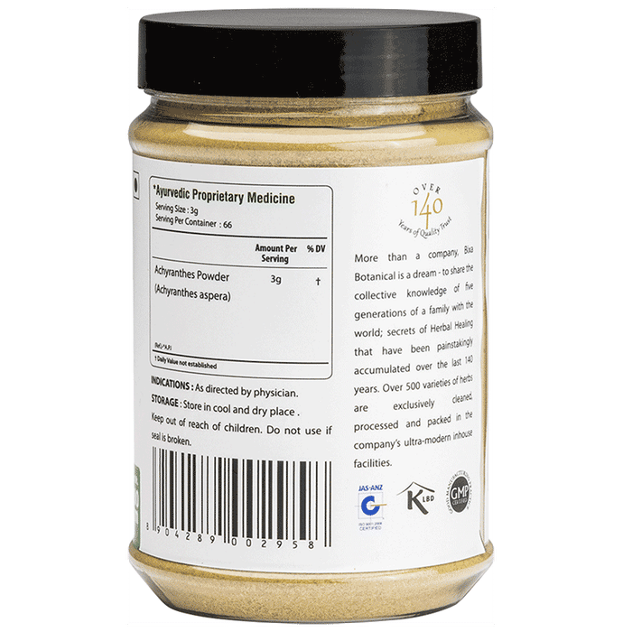 Bixa Botanical Apamarga powder, an Ayurvedic herbal powder, showing finely ground dried Apamarga plant material.