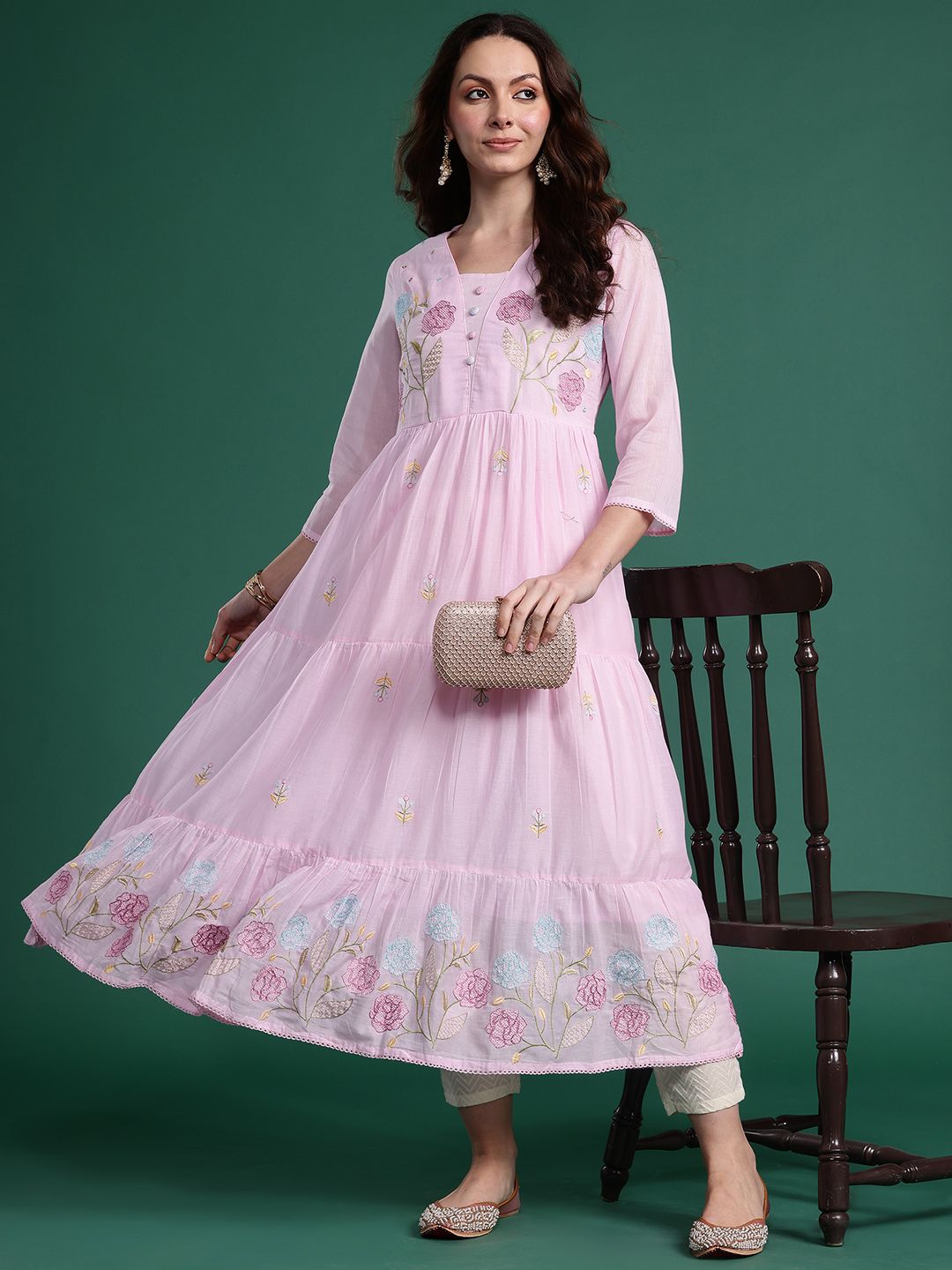 Indyancart IE Women Floral Embroidered Thread Work Pure Cotton Anarkali Kurta