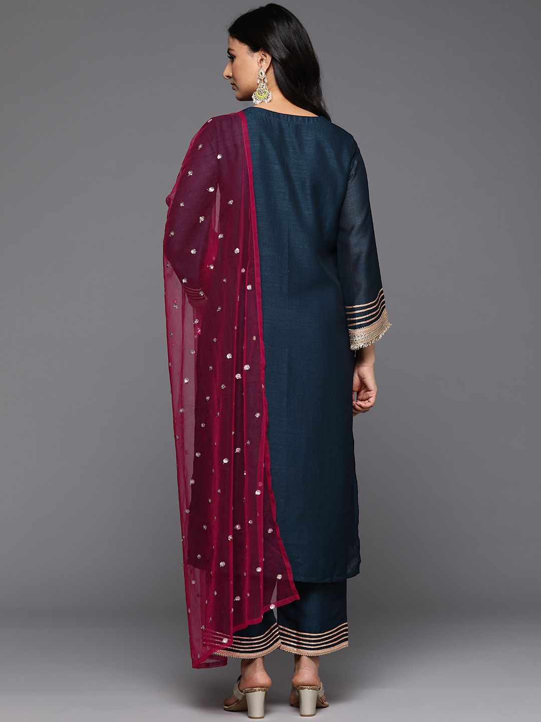 Indyancart VA Yoke Design Sequinned Kurta with Palazzos & With Dupatta