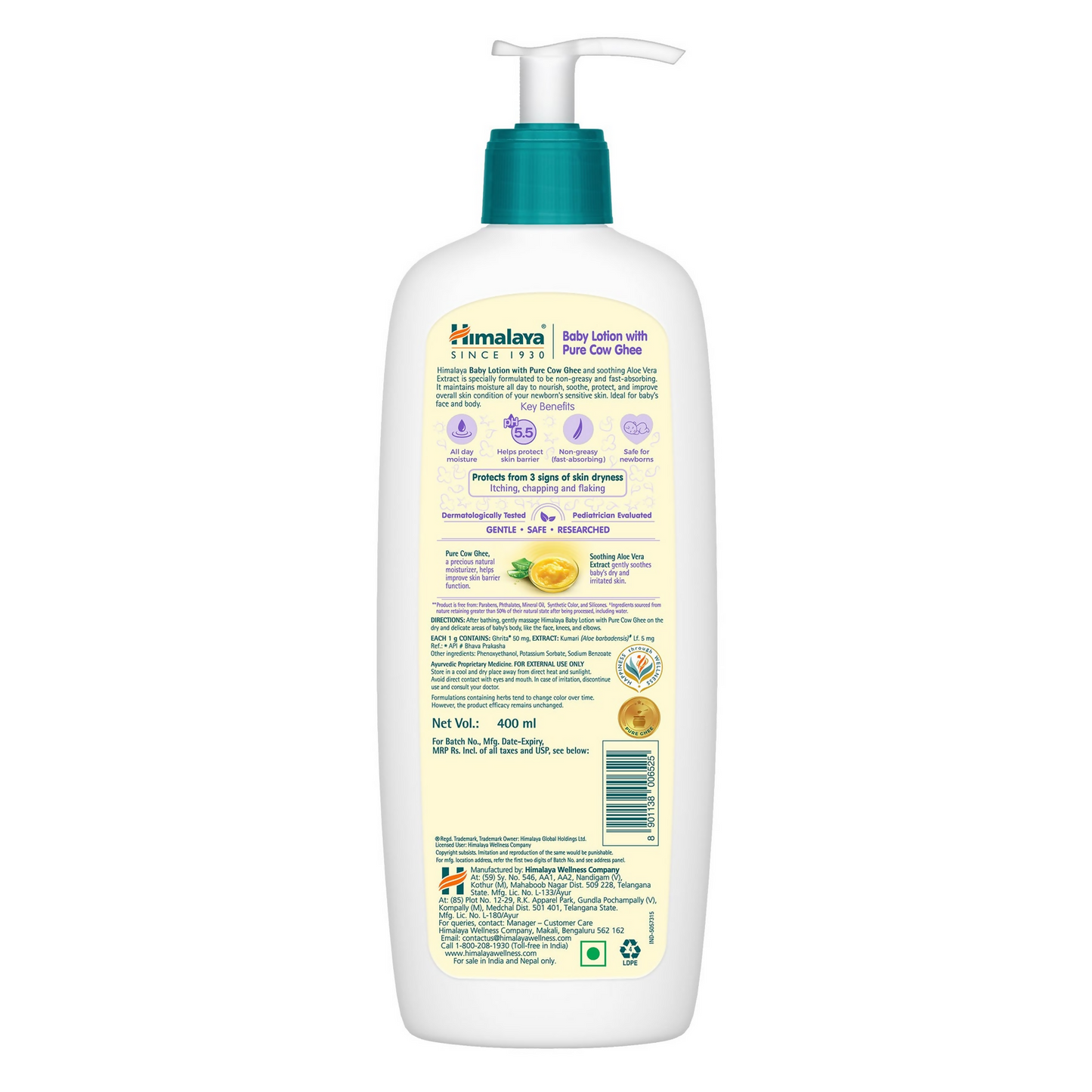 Himalaya Herbals baby lotion with pure cow ghee, showing the creamy lotion in a bottle suitable for gentle infant skin.