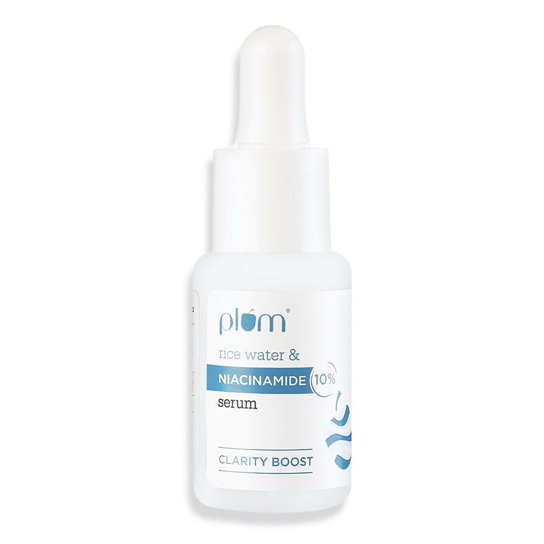 Plum 10% Niacinamide Brightening Face Serum with rice water, showing the serum bottle and rice water ingredients on a white background.
