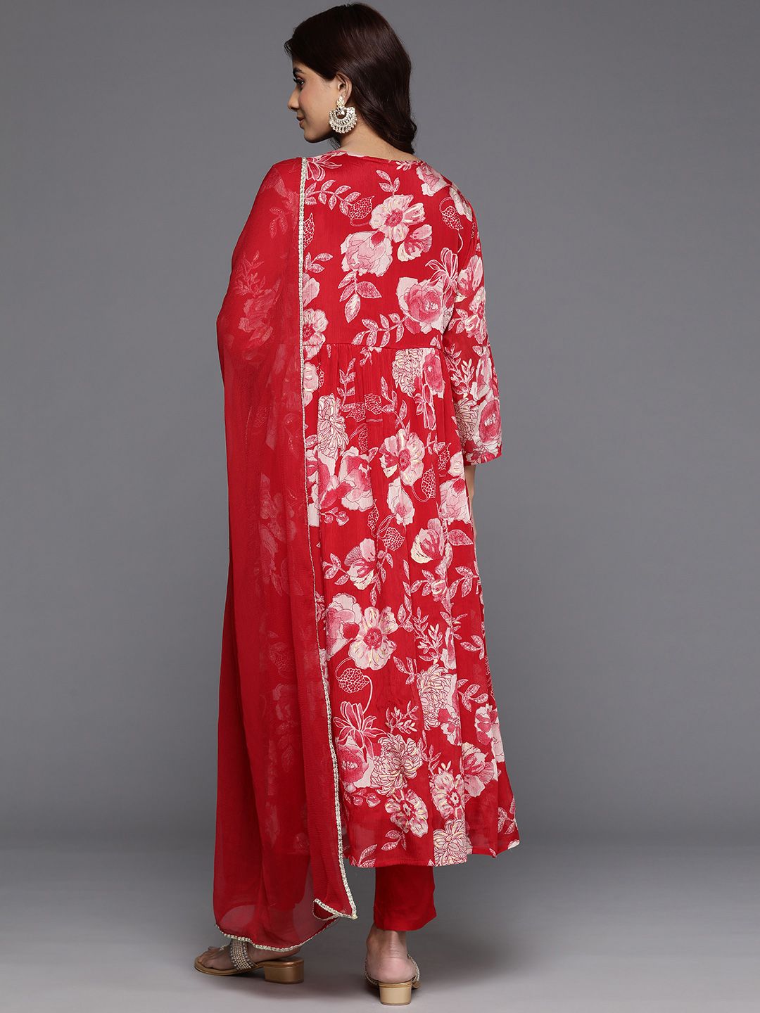 Indyancart VA Women's Floral Printed Sequinned Pure Silk Kurta with Trousers & With Dupatta