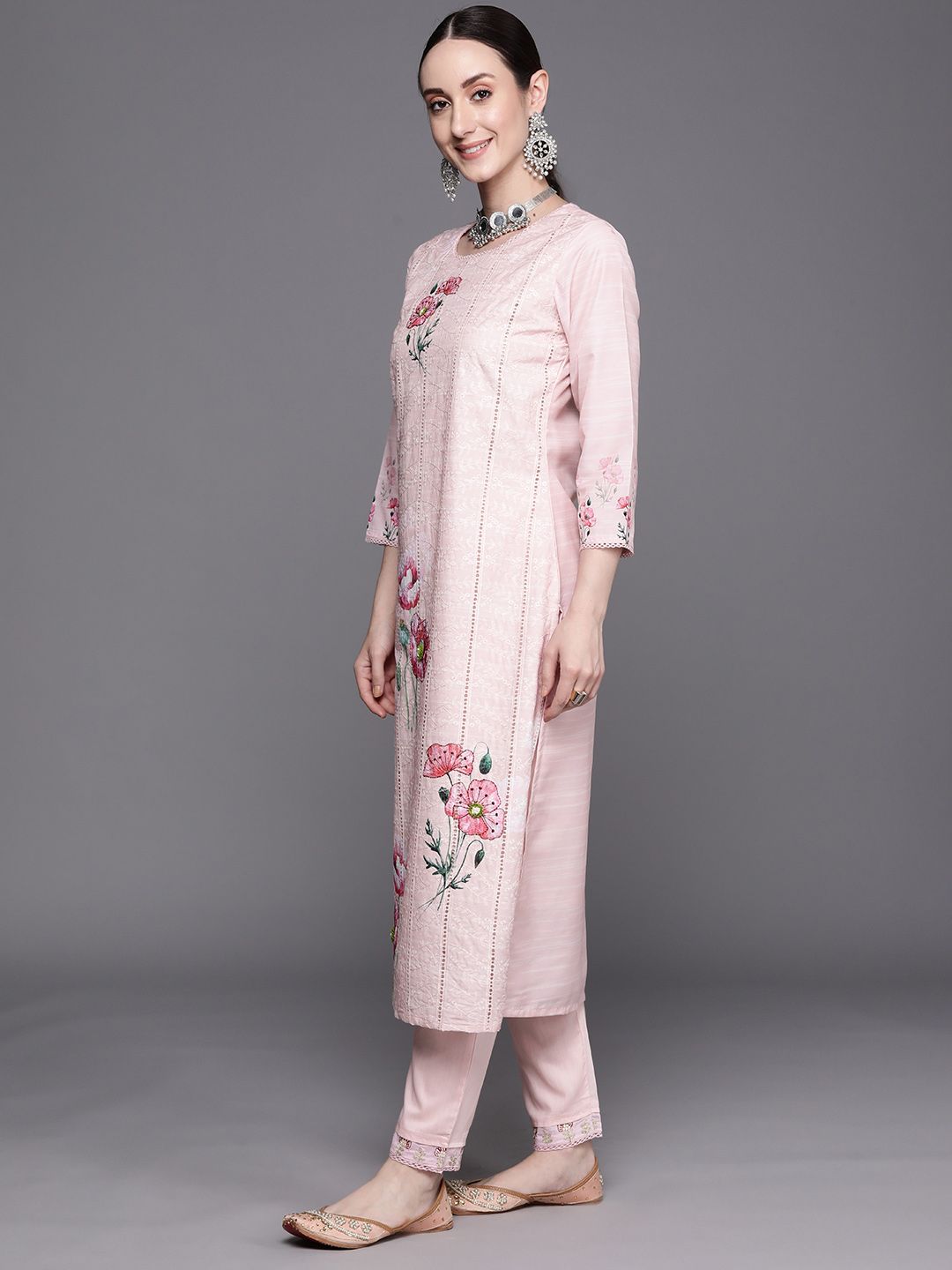 Indyancart IE Floral Embroidered Regular Thread Work Pure Cotton Kurta With Trousers & Dupatta