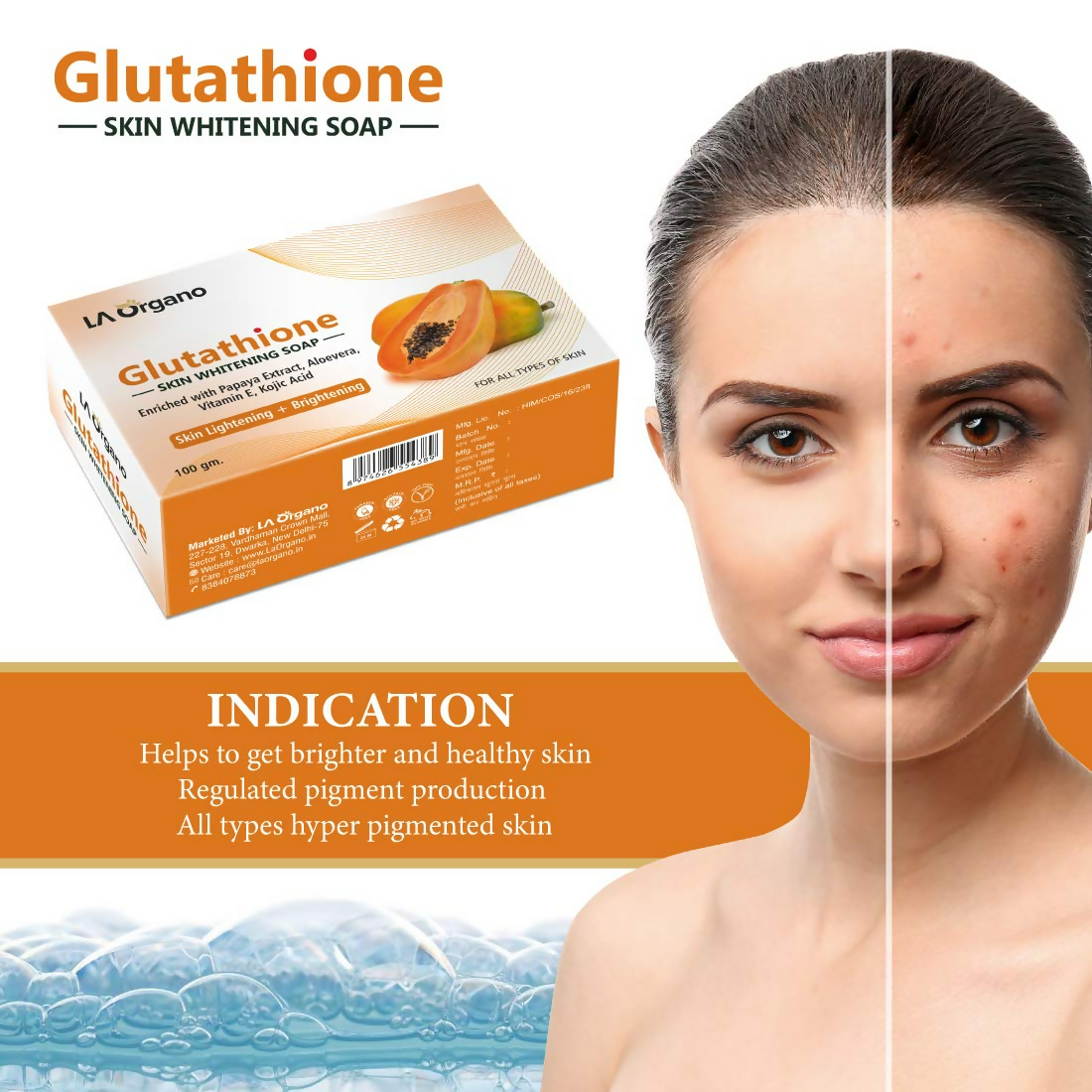 LA Organo Glutathione Papaya Skin Whitening Soap for bath and shower, showing the soap bar with papaya and glutathione ingredients