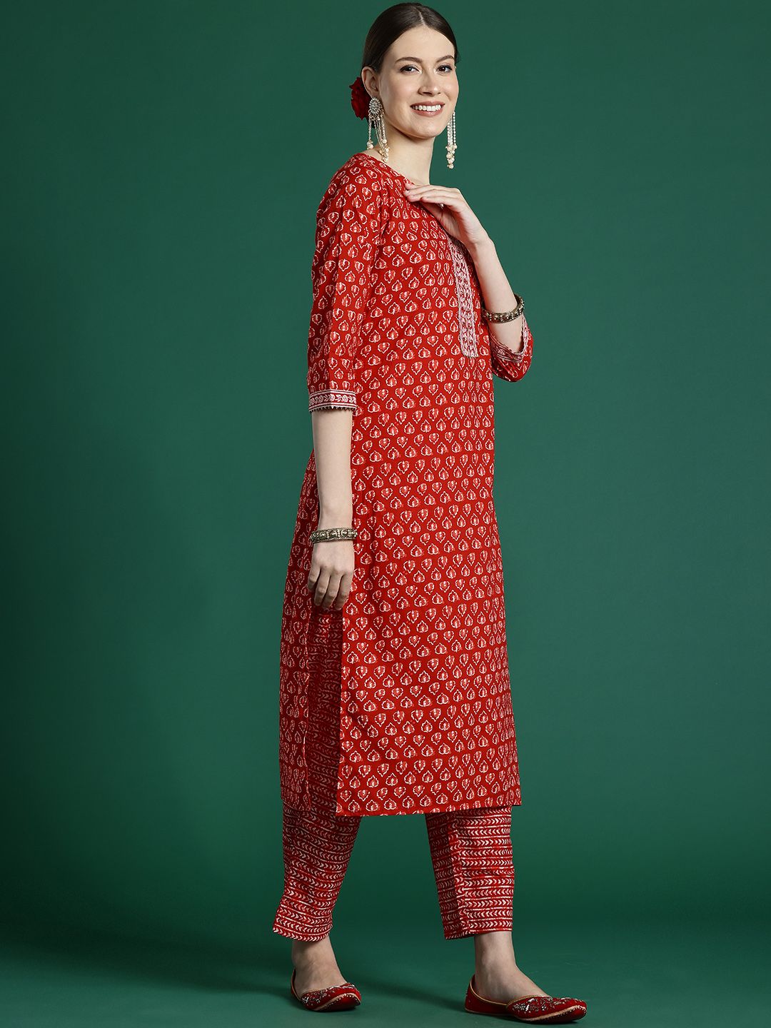 Indyancart IE Women Ethnic Motifs Printed Regular Mirror Work Pure Cotton Kurta with Trousers & With Dupatta